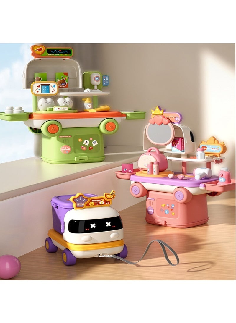 Hihonor Kids' Pull-String Cart Playset with Medical Makeup Station & Storage – Interactive Multifunctional Cooking and Baking Toy for Youngsters, Plastic, Educational Role-Playing Game (Pink) - Image 3